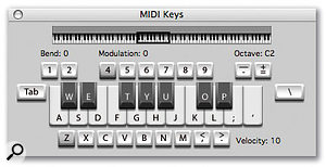 The Mac keyboard keys that MIDI Keys uses are superimposed on this screenshot.