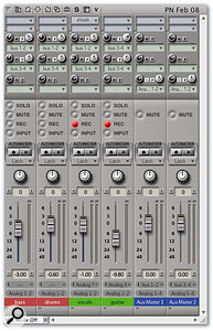 Monitoring 'in the box' with DP. This looks a little complicated but actually is very straightforward. Two pre-recorded tracks (bass and drums) are shown in red. Two tracks currently being recorded (vocals and guitars) are in green. There are 'Aux masters', for controlling headphone monitor level, in blue. As DP records, the engineer in the control room can set up a working mix on the main audio-track faders. Meanwhile the Aux sends are used to create two entirely independent headphone mixes. They're routed via buses to the blue Aux masters, and these output to headphone amps that are connected to separate outputs of an audio interface. When you set up like this, if the vocalist decides they don't want to hear any drums, for example, you can just turn down the topmost send level on the drums track. The other mixes are entirely unaffected.