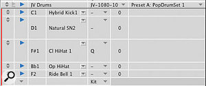 Drum Editor track info lanes are very much like what you find in the Sequence Editor or Tracks Overview, with facilities to record- and play-enable, rename track, assign to a MIDI sound source and choose a patch.