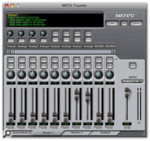 The CueMix Console application is maintaining three simultaneous mixes: Control Room 1, Monitor 1 and Monitor 2.