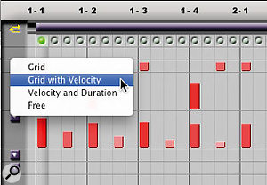 The purple pop-up buttons for each note pitch choose how data for that pitch is shown in the note grid, and give access to more subtle programming options.