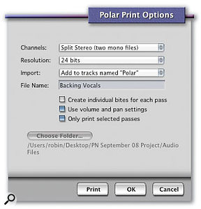 POLAR's Options dialogue box and Print button essentially form the bridge between POLAR and your DP sequence. After you've chosen how your recording passes should be handled in the dialogue, the Print button renders them as conventional disk-based soundbites in DP, or as audio files in the Finder.