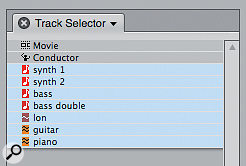 The little button that opens and closes DP's Track Selector is to be found at the bottom of many editing windows, and the Mixing Board.