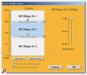 The velocity response of the sample layers can be adjusted for each Pad in the Drum kit Editor window.