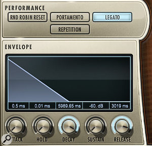 Play’s Performance window houses controls for the sound engine’s simulated legato and portamento modes. This legato is an alternative to the ‘true legato’, interval-specific patches included in all of EastWest’s Hollywood series libraries. The Envelope window positioned directly below allows you adjust the release (decay) time of samples — useful for dealing with ringing harp notes!