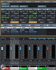 All the channels set up in Cubase 8.5 Pro. You can still use your reverb as a  regular aux-send effect — here, I’ve sent some of the Dry Footsteps group bus to the reverb directly, as well as the Footsteps source channel to the reverb via the Echo Mixture facility. I’ve also applied filtering to the second inverting channel, so that the sound becomes darker as it is made wetter. 