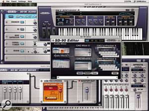 The SD90 is supplied with a graphical GM2 editor for both Mac and Windows that provides a visual front end to the MIDI mixer, the basic sound manipulation controls, and the effects editing and patching.