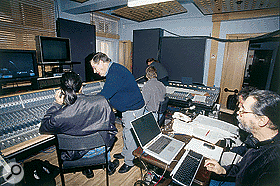 The orchestral material for Elliot Goldenthal's Final Fantasy soundtrack was recorded at Watford Town Hall. This shot shows the control room, with Elliot and his orchestrator at the right.