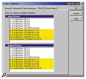 The 192X appears inside applications with quite a few driver options — here you can see both the MME and Multi-MME (highlighted) inputs and outputs.