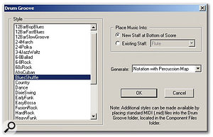 The Drum Groove plug-in window, new for 2004. The 'groove' can become part of the score.