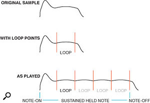 Looping a sample to create a sustaining sound without having to take up additional sample memory.