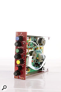 The EQ-573 inductor EQ cannot be used alone, but is intended to be used as an insert with either the Pre-573 MkII or the Comp-554. A short cable connects the units via sockets on the rear — you can see one of these connectors shown in the rear view of the EQ.