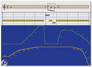 Here you can see a violin phrase I played into Apple Logic, varying the amount of vibrato (green line) and the volume swells (yellow line) simultaneously using mod wheel and a footpedal. Note that I've used no vibrato on the three short notes to simulate how a violinist might negotiate this phrase.