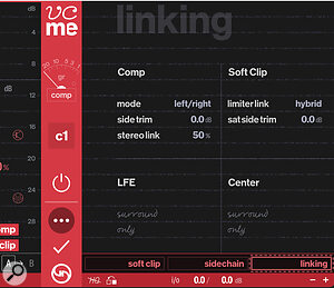 The stereo linking options, shown here in Dark mode, include the ability to reduce the saturation applied to the Sides channel.