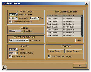 The Player Options dialogue provides options for configuring RAM use, sample quality, and MIDI controllers, with the latter including a Learn function for use with hardware controllers.