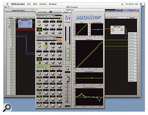 The +DSP graph page. Here, you can a stereo MIO Strip plug-in routed between the analogue ins and two of the 16 process busses, and a stereo compressor routed between two CAW channels (from the audio software running on your Mac) and another pair of process busses. MIO Strip's comprehensive, and highly graphic, editing window takes centre stage. 