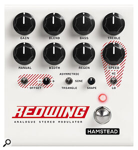 The Speed control has a switch to change its range, allowing you to access more aggressive, out‑there effects than on a typical chorus/flange pedal.