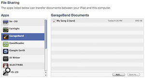 GarageBand songs can be transferred to and from your Mac via the File Sharing section of the iOS device's Apps page in iTunes.