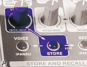 OSCar front-panel detail, showing the arrow connecting the Volume and Store button. The legend 'Filter Drive' is just visible under the volume control.