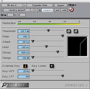 Tony Maserati created a gated reverb effect by running Digidesign's Reverb One into Expander/Gate II, the latter keyed from the snare mic.