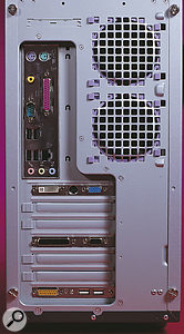 The Asus P4P800 motherboard provides no fewer than eight USB 2.0 ports. Four appear on the main external port section, with the others available on optional backplates if necessary, as at the bottom of this shot.