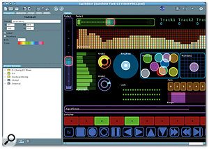 Some of the objects at the disposal of Lemur users when creating a custom interface: in the centre you can see a Ring Area and to its right the Multiballs, surrounded by faders, 'Multisliders' LEDS, knobs, switches and transport controls.