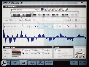 Looping a sample in one of the OASYS's sample-editing screens. A full range of audio-editing options is provided, and the large display makes the process easy.