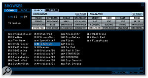 The Browser provides a quick and versatile way to find the sound you need from the 2700 supplied, using Instrument and Character choices such as those shown at the top of the window.