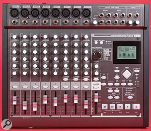 The D888 has a traditional and very clear control layout. Main channel strips (left) comprise Trim pot and Peak LED, three knobs for High, Mid and Low EQ bands, effect-send level pot for the internal effect, Pan pot, channel on/off button, and 45mm fader. Features to the right of the panel include the small LCD, the rotary effect-selector knob giving access to one of 11 effect treatments, the transport section, and Marker storage and editing facilities. Most facilities have a dedicated front-panel control, minimising menu-surfing. Across the back edge of the front panel are the channel inputs, each with an XLR and a jack socket, and the output section. In one mode, the latter jack sockets can be configured as direct outputs for the D888's eight tracks. A nice touch is two headphone outputs with individual level controls.