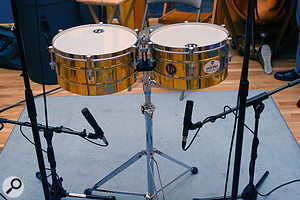 Microphone placement for the underside of the timbales.