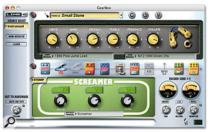 The Gearbox software in action. The row of icons along the middle shows the signal path from left to right, with the selected amp model displayed above, and the effects displayed below.