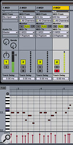 Data is being recorded via a MIDI track (four), and sent to channel three of the MIDI track (one) containing the instrument. 