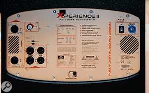 The subwoofer is the business end of the Xperience II system, containing a pair of 500W amplifiers and the DSP for EQ and limiting. The rear panel of the sub features all inputs and outputs, Powercon mains power inlet and power switch, ground-lift switch, and LEDs to show signal presence/clipping and whether speaker protection has kicked in.