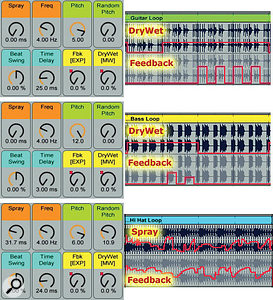 3: Here I've automated Grain Delay's Feedback, Spray and Dry/Wet controls to turn a four-bar rhythm-section pattern (guitar, bass and hi-hat) into a more interesting 16-bar pattern. Alternatives to automation include MIDI controllers such as mod wheel and expression pedal or manipulating Grain Delay's on-screen XY controller. (You cannot use the XY controller for parameters that are mapped to Macro knobs.)