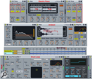 Screen 3: Create unusual effects by adding audio effects before and after Amp. Try EQ Three before and after Amp (top) for improved filtering. Use Gate and Ping Pong Delay (middle) to tame ambient and pad sounds while adding a little bounce. Place Corpus after Amp (bottom) to add a new dimension to drums and percussion.