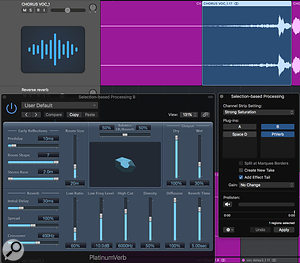 Screen 2: The floating Selection-based Processing window makes it fast and easy to create reverse reverb effects. Here I  have used plug-in column B with an instance of Platinumverb and ensured the Add Effect Tail parameter is ticked.