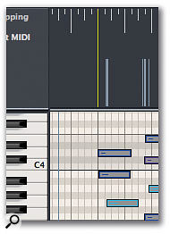 Screen 3. To match a specific bar line to a given MIDI note, drag from the bar line to the note in the Beat Mapping Global Track (above). The bar line then snaps into place (right).