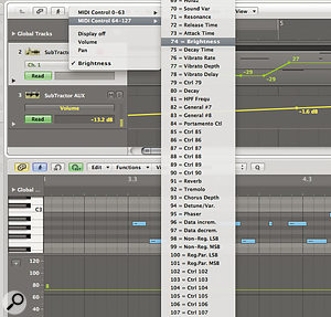 Selecting MIDI controller number 74 in Logic adjusts the filter‑one cutoff in Reason's SubTractor synth via ReWire.