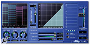 Multipressor is a versatile multi-band compressor. The graphic grid allows you to set individual band thresholds and crossover frequencies between bands. Each of the bands can be selected for detailed editing by clicking on it in the graphic grid. 