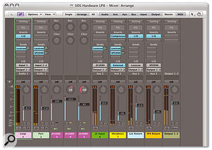 This screenshot shows hardware and software processors and instruments being used simultaneously inside a single Logic project. The two buses allow audio to be sent to two separate hardware effects units, while their inputs are channelled back into Logic's mixer. Audio from hardware synths that are being triggered via MIDI inside Logic is also being routed back in. 