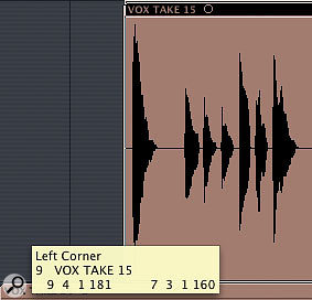 The pointer tool turns into a region-resize pointer when dragging the bottom corners of an audio region. Resizing snaps to full bar durations or smaller sub-divisions, depending on the level of zooming. For an even finer resolution, hold down the Control key prior to dragging the region corners.