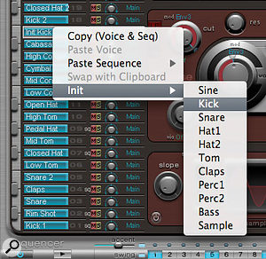 Control or right clicking in the Assignment area opens this Voice 'Init' contextual menu. Note the range of initial voice settings available. These can be a good starting point for creating your own sounds.