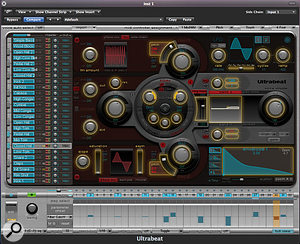 In Parameter Step mode, the parameters that can be offset are displayed in yellow. In this example, the filter cutoff and resonance are being offset. Step 30 is highlighted in the Offset area. The amount of offset is shown by the vertical bars in the step area, and also by the yellow bands around these two controls in the Synth section.