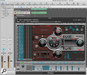 Using side-chaining in Ultrabeat. The output of a synth pad from the ES1 channel is routed to bus 4, and aux 1 is 'listening' to that bus. The output from aux 1 is turned off, effectively sending the pad sound 'nowhere', so that you won't hear it directly. In Ultrabeat, Osc 1 is set to a side-chain input, and the plug-in side-chain input is set to bus 4 (the pad sound). When Logic is running, the pad will be gated and filtered by Ultrabeat.