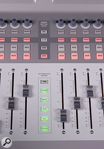 A set of six buttons between the two main banks of faders select areas of the console's operation for automation purposes, making mixing a very hands-on process. A set of six buttons between the two main banks of faders select areas of the console's operation for automation purposes, making mixing a very hands-on process.