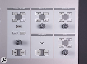 The dedicated monitoring section includes control-room monitoring, two independent headphone feeds, and talkback facilities with a built-in mic. The dedicated monitoring section includes control-room monitoring, two independent headphone feeds, and talkback facilities with a built-in mic.