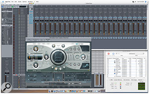 Here you can see Logic Pro v7.2.3 running a test to see how many stereo voices multiple instances of Sculpture can play back simultaneously. Notice how Logic's System Performance monitor window now includes four bars to represent the Mac Pro's four processing cores.