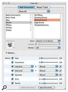 Here's the Garage Band Track Info window for a 'real' Instrument (software Instruments lack audio routing and the gate effect). You'll be able to switch effects on and off and tweak any of the on-screen sliders from the iControl, but not choose effects, effect presets or select Instruments from scratch. In this window, the audio input controls are also inaccessible from the iControl.