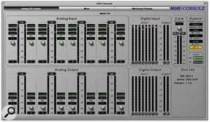 The Mobile I/O's hardware settings are completely controllable from the supplied Console software, allowing you to save and restore settings as part of a mix. This is the Analogue Input and Output Control page.