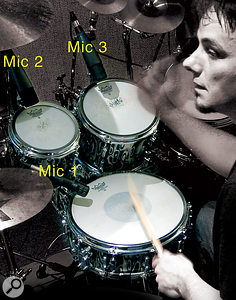 When close-miking a drum kit, each mic picks up some bleed from other kit pieces, and it's impossible to align the resulting signals perfectly. Here, the sound from the snare will reach mics 1, 2 and 3 at different times, as would the sound from each tom. While you could align the resulting signals to give a tighter snare sound, you could not also align the tom sounds — so it will always be a compromise.